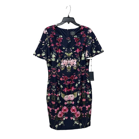 ADRIANNA PAPELL Women Navy Blue Floral Midi Dress 12 - Picture 2 of 7